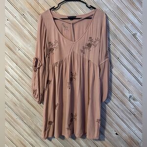 American Eagle Outfitters Pink Floral Embroidered Long Boho Sleeve Mini Dress